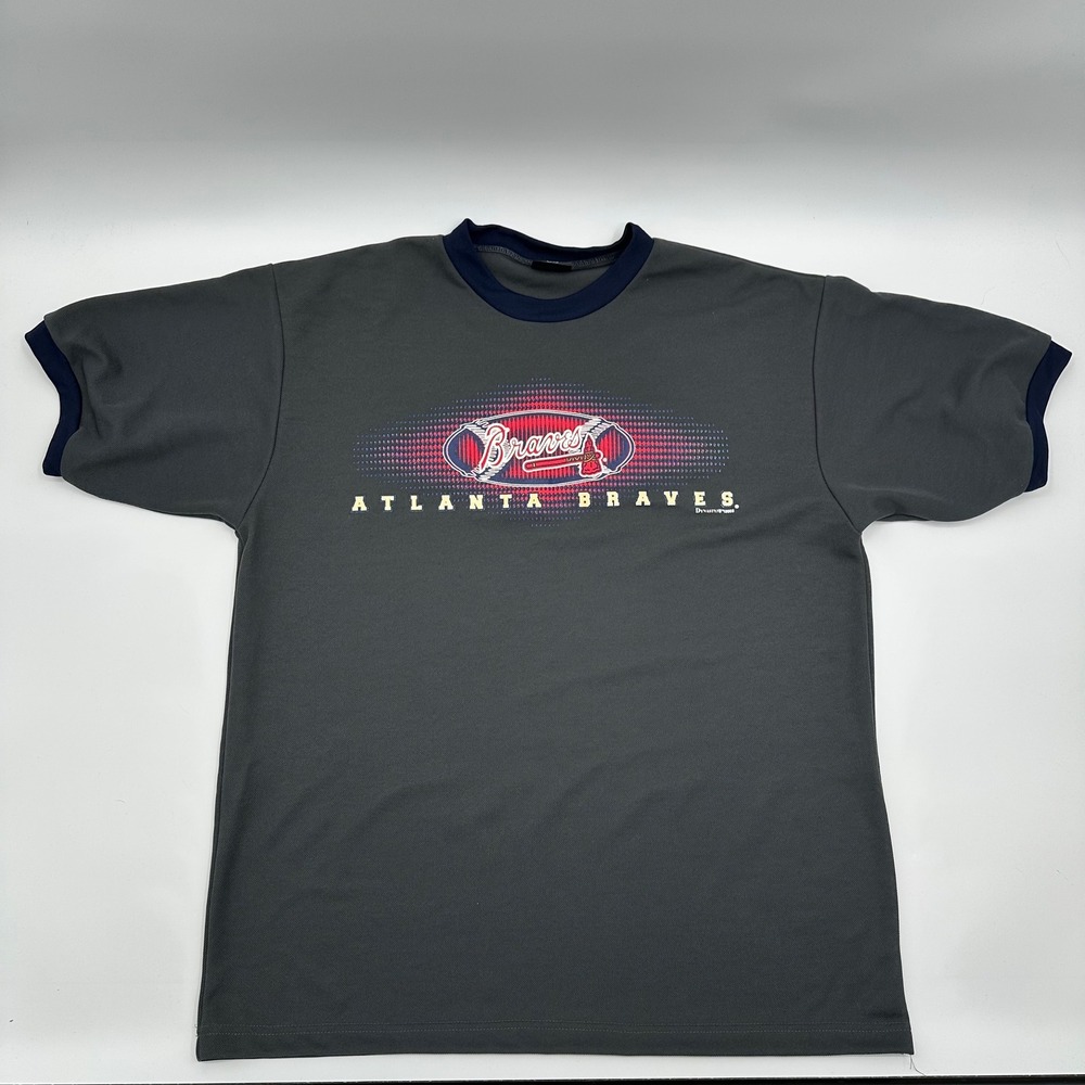Vintage 2002‎ Atlanta Braves Dynasty Sample Ringer T-Shirt Grey Navy Mens XL Y2K